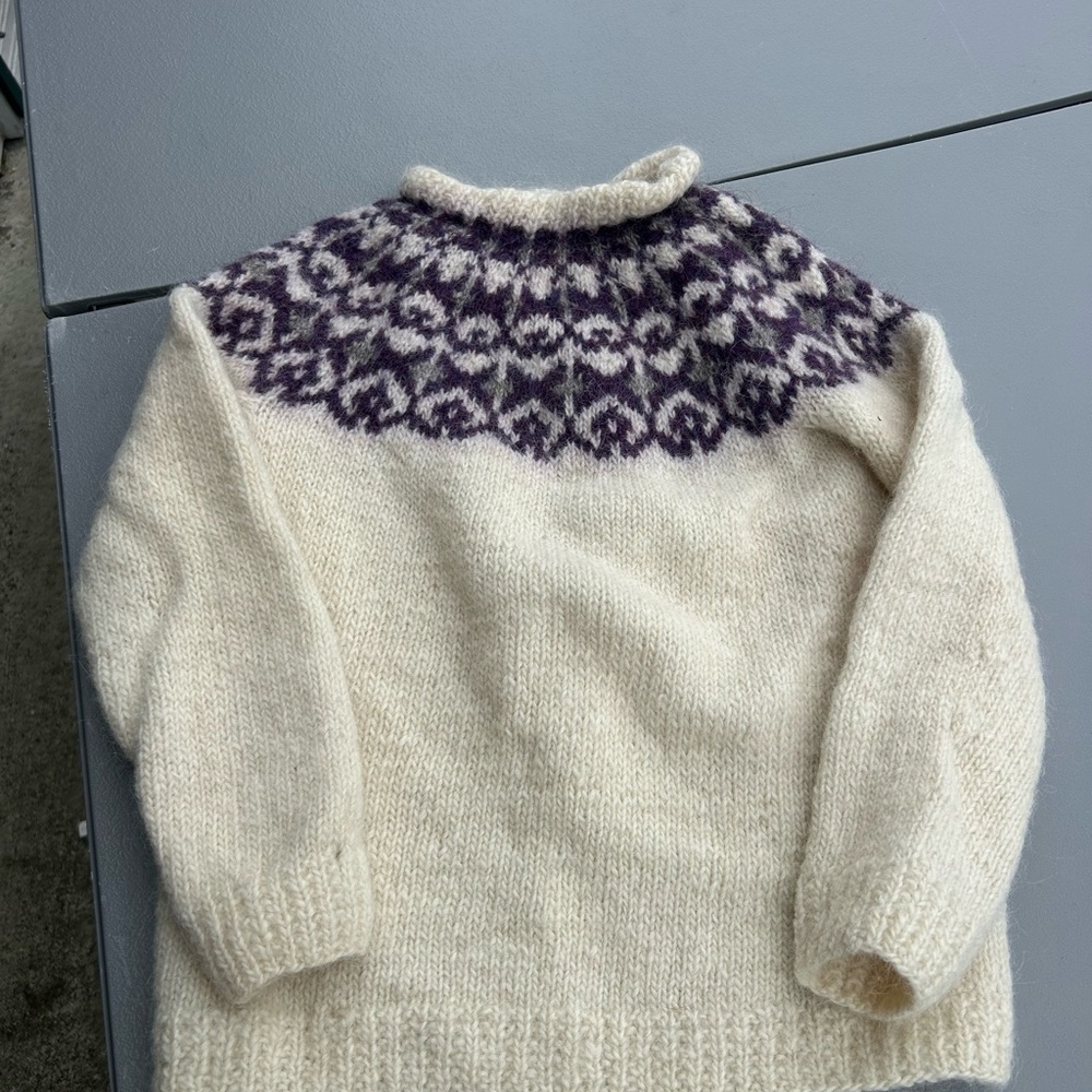 Hand made wool Cozy Cream and Purple Patterned Sweater